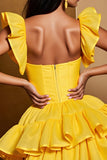 Yellow Tulle Tiered A Line Mini Prom Dress