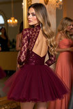 Burgundy Tulle Illusion Neck Corset A Line Mini Prom Dress