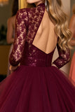 Burgundy Tulle Illusion Neck Corset A Line Mini Prom Dress