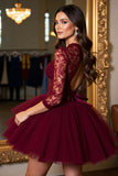 Burgundy Tulle A Line Corset Mini Prom Dress with Appliques