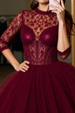 Burgundy Tulle A Line Corset Mini Prom Dress with Appliques