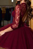 Burgundy Tulle A Line Corset Mini Prom Dress with Appliques