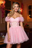 Pink Cold Shoulder Tulle A Line Mini Corset Prom Dress