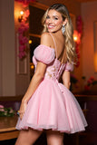 Pink Cold Shoulder Tulle A Line Mini Corset Prom Dress