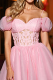 Pink Cold Shoulder Tulle A Line Mini Corset Prom Dress