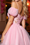 Pink Cold Shoulder Tulle A Line Mini Corset Prom Dress