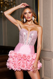 Sparkly Pink Tight Corset Mini Satin Prom with Flowers