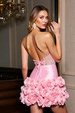 Sparkly Pink Tight Corset Mini Satin Prom with Flowers