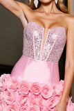 Sparkly Pink Tight Corset Mini Satin Prom with Flowers