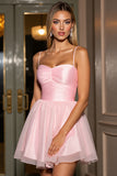 Pink A Line Spaghetti Straps Tulle Ruched Mini Prom Dress