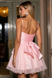 Pink A Line Spaghetti Straps Tulle Ruched Mini Prom Dress