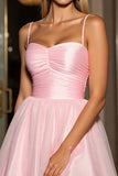 Pink A Line Spaghetti Straps Tulle Ruched Mini Prom Dress
