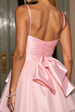 Pink A Line Spaghetti Straps Tulle Ruched Mini Prom Dress