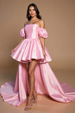 Pink Off the Shoulder A Line High-Low Satin Prom Dress with Bow