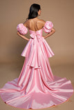 Pink Off the Shoulder A Line High-Low Satin Prom Dress with Bow