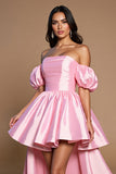Pink Off the Shoulder A Line High-Low Satin Prom Dress with Bow