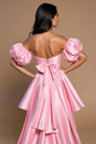 Pink Off the Shoulder A Line High-Low Satin Prom Dress with Bow