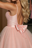 Blush A Line Ruched Tulle Mini Prom Dress with Bow