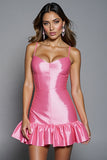 Hot Pink Tight Satin Ruffled Mini Prom Dress