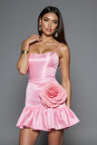 Pink Tight Mini Bodycon Satin Prom Dress with 3D Flowers