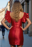 Red Tight Keyhole Mini Satin Prom Dress with Ruffles