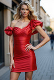 Red Ruffled Tight Mini Satin Prom Dress with Sleeves