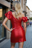 Red Ruffled Tight Mini Satin Prom Dress with Sleeves