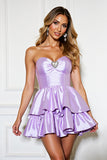 Lilac A Line Tiered Strapless Mini Satin Prom Dress