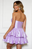 Lilac A Line Tiered Strapless Mini Satin Prom Dress