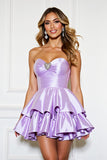 Lilac A Line Tiered Strapless Mini Satin Prom Dress