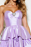 Lilac A Line Tiered Strapless Mini Satin Prom Dress