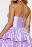 Lilac A Line Tiered Strapless Mini Satin Prom Dress