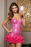 Fuchsia Sequin Mini Tight Corset Prom Dress with 3D Flowers