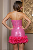 Fuchsia Sequin Mini Tight Corset Prom Dress with 3D Flowers