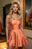 Orange A Line Satin Strapless Mini Prom Dress