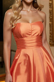Orange A Line Satin Strapless Mini Prom Dress