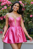 Sparkly Corset Fuchsia Satin A Line Short Prom Dress with Rhinestone