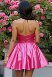Sparkly Corset Fuchsia Satin A Line Short Prom Dress with Rhinestone