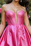 Sparkly Corset Fuchsia Satin A Line Short Prom Dress with Rhinestone