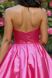 Sparkly Corset Fuchsia Satin A Line Short Prom Dress with Rhinestone