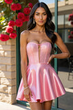 Sparkly Pink A Line Satin Corset Short Prom Dress