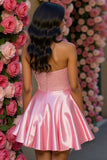 Sparkly Pink A Line Satin Corset Short Prom Dress