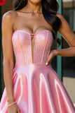 Sparkly Pink A Line Satin Corset Short Prom Dress