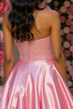 Sparkly Pink A Line Satin Corset Short Prom Dress