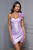 Lilac Floral Satin One Shoulder Short Bodycon Prom Dress