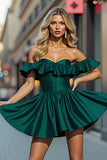 Dark Green Satin A Line Short Prom Dress with Ruffles