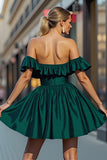 Dark Green Satin A Line Short Prom Dress with Ruffles