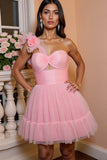 Floral Pink Tulle A Line One Shoulder Short Prom Dress