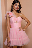Floral Pink Tulle A Line One Shoulder Short Prom Dress