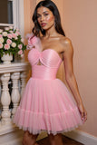 Floral Pink Tulle A Line One Shoulder Short Prom Dress